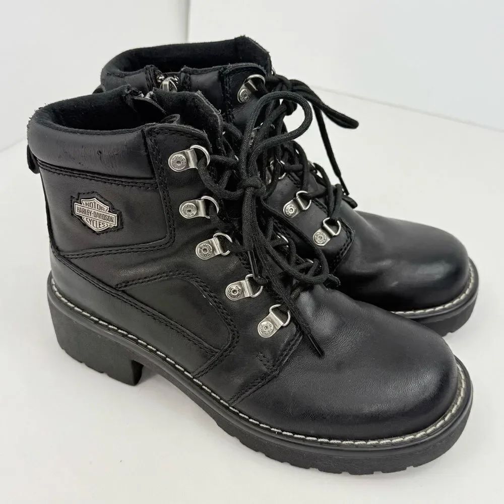 Harley Davidson Express Lane Black Leather Biker Moto Lace Up Ankle Boots